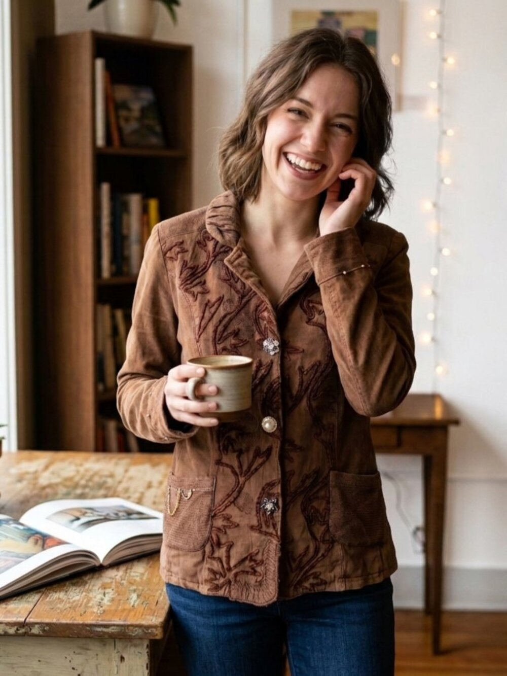 Parsley and Sage Embroidered Button-Up Jacket with Textured Collar